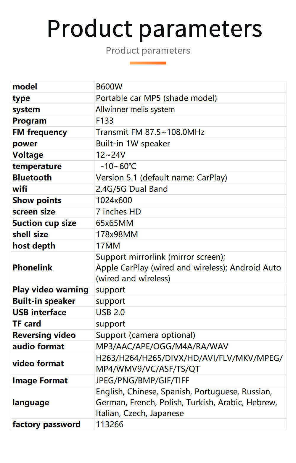 For Apple Carplay Android Auto Bluetooth Head Unit 7" Portable Car Stereo Radio