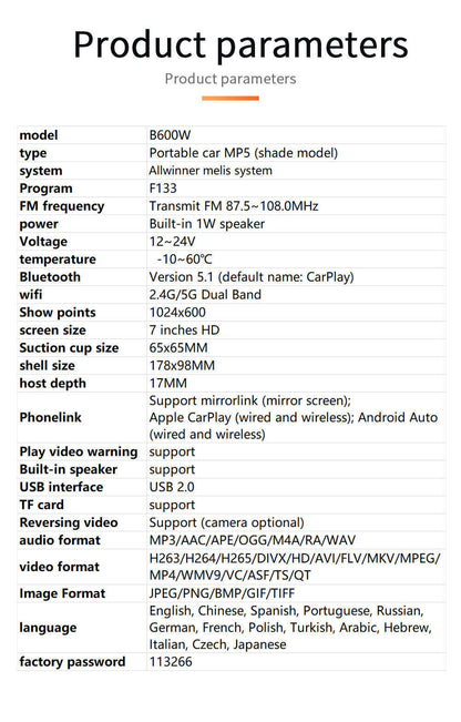 For Apple Carplay Android Auto Bluetooth Head Unit 7" Portable Car Stereo Radio